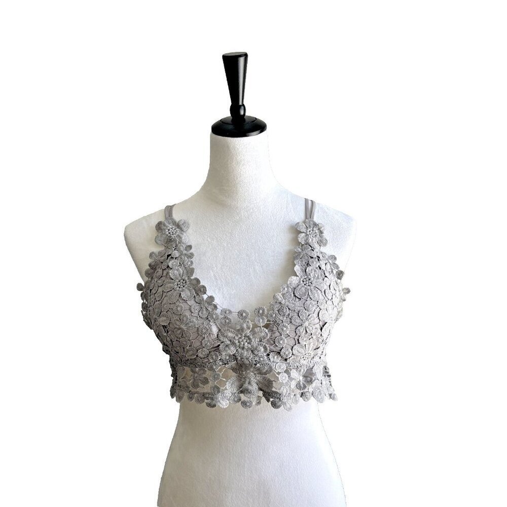 Cherish Grey Daisy Lace Crop Bralette Top Women’s Sz X-Large Stretch Adjustable
